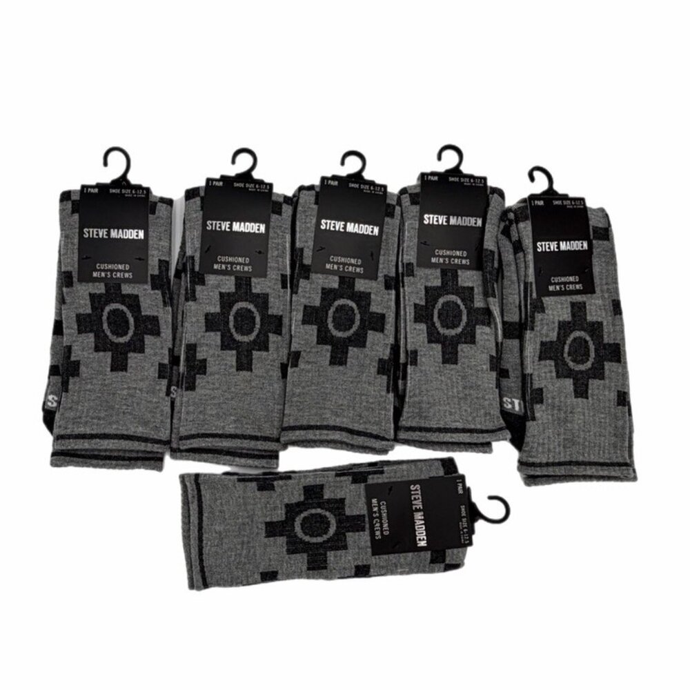 Steve Madden Men Crew Socks Cushioned Geometric Gray  Dark 6 Pairs Shoe 6-12